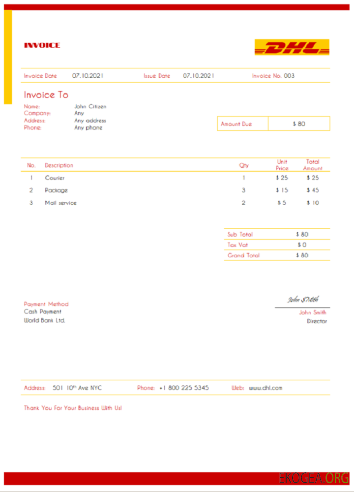 Facture DHL aux États , Unis